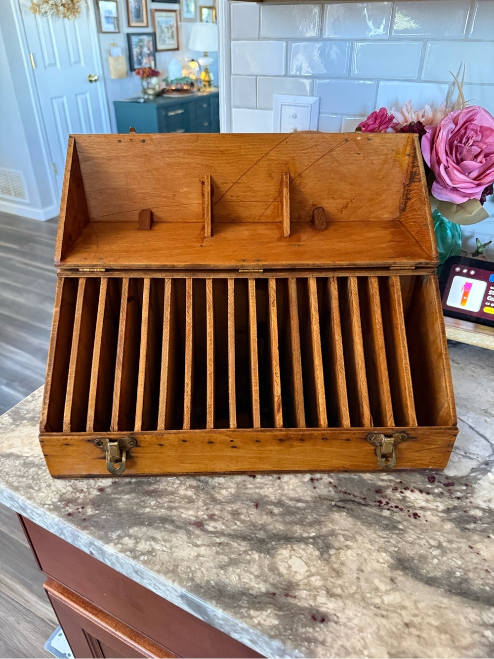 Vintage Wooden Multi-Slot Document / Mail Organizer Box